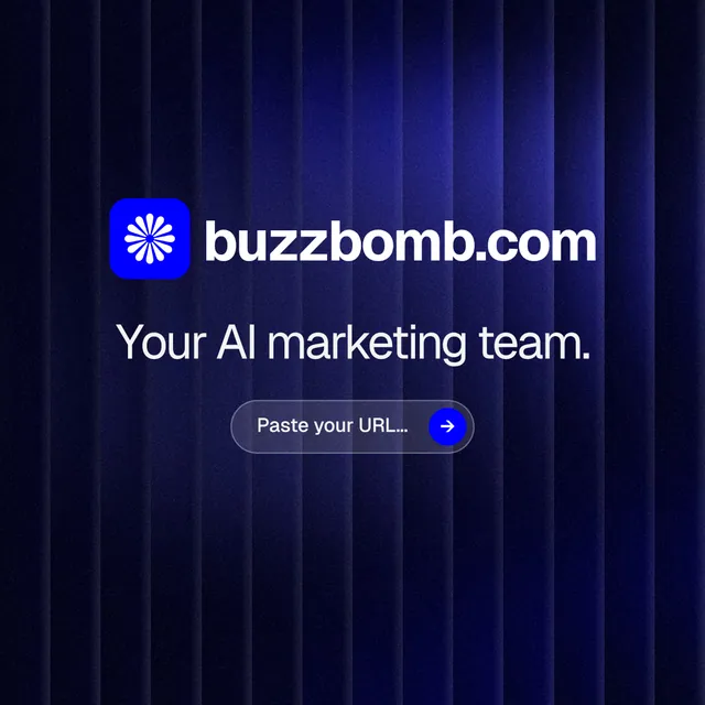 Instagram post for BuzzBomb: "Your AI marketing team." Agentic glass style, logo hero layout, dark palette in black, blue.