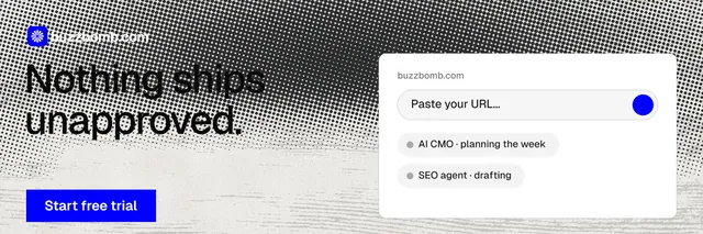 X header for BuzzBomb: "Nothing ships unapproved." Swiss style, bottom layout, light palette in white, grey.