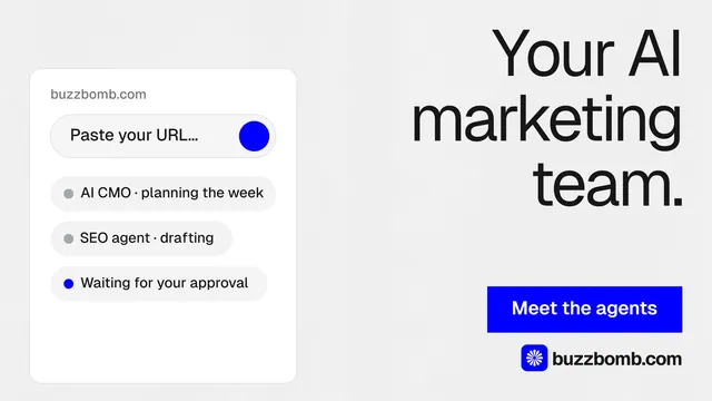 Landscape graphic for BuzzBomb: "Your AI marketing team." Swiss style, right layout, light palette in white, blue.