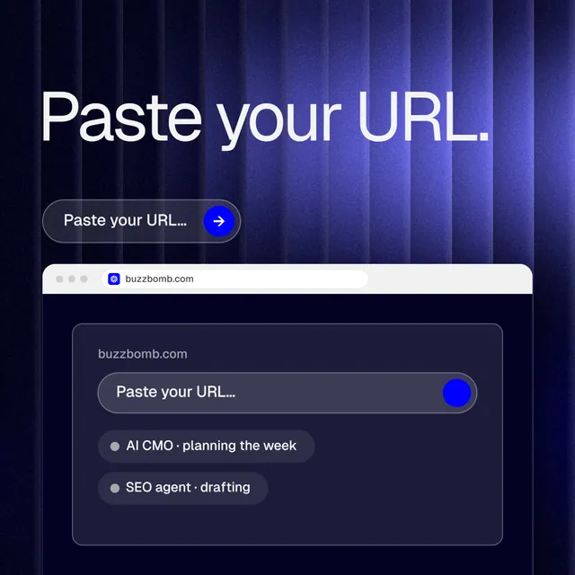 Instagram post for BuzzBomb: "Paste your URL." Agentic glass style, browser layout, dark palette in blue, black.