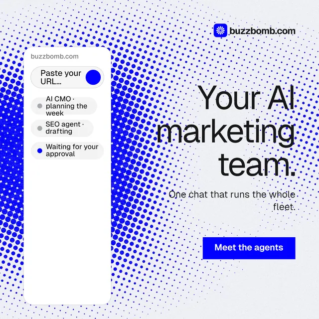 Instagram post for BuzzBomb: "Your AI marketing team." Split block style, right layout, light palette in blue, white.
