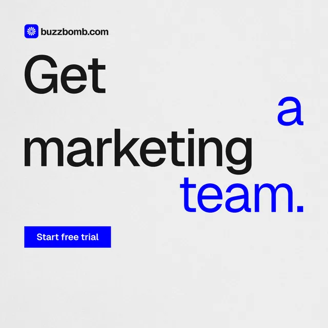 Instagram post for BuzzBomb: "Get a marketing team." Swiss style, stacked layout, light palette in white, blue.