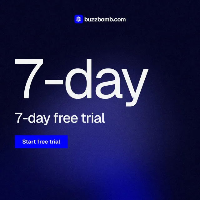Instagram post for BuzzBomb: "Spark some growth today." Swiss style, stat layout, dark palette in black, blue.
