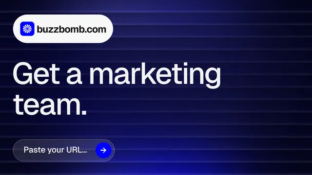 Landscape graphic for BuzzBomb: "Get a marketing team." Agentic glass style, announce layout, dark palette in black, blue, grey.