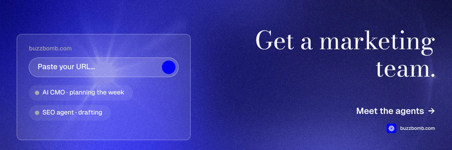 X header for BuzzBomb: "Get a marketing team." Minimal luxury style, right layout, dark palette in blue.