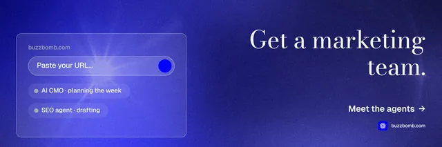 X header for BuzzBomb: "Get a marketing team." Minimal luxury style, right layout, dark palette in blue.