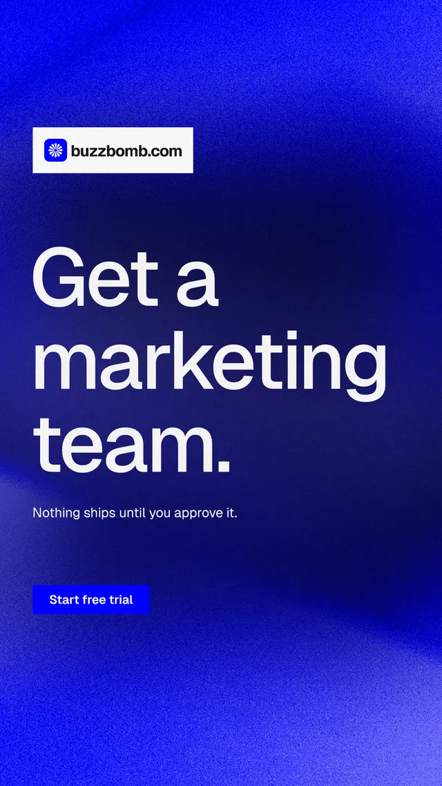 Instagram story for BuzzBomb: "Get a marketing team." Swiss style, announce layout, dark palette in blue.