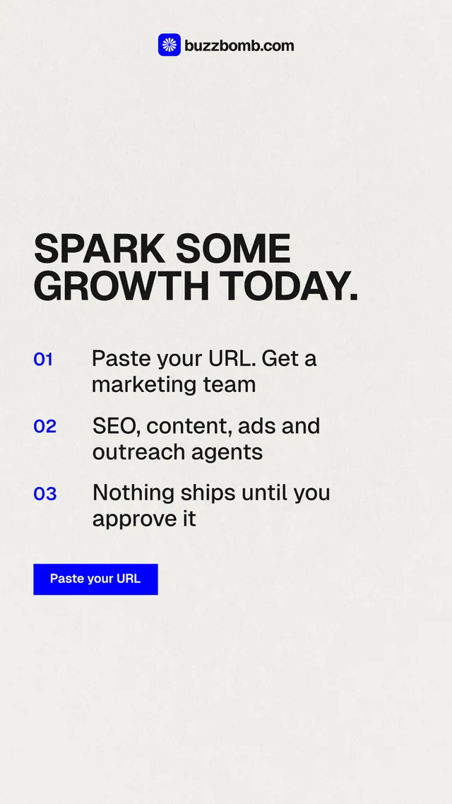 Instagram story for BuzzBomb: "Spark some growth today." Swiss style, numbered layout, light palette in white, grey.
