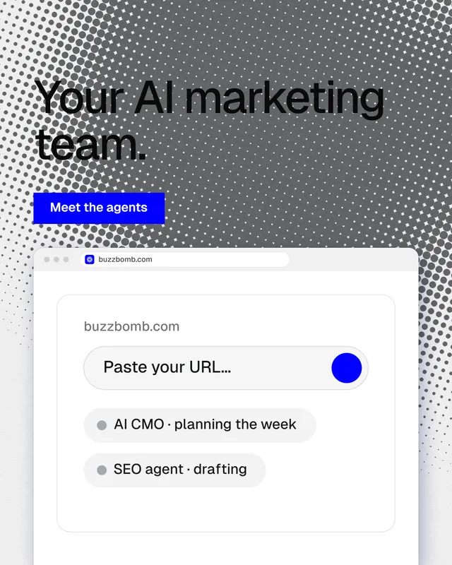 Instagram portrait post for BuzzBomb: "Your AI marketing team." Swiss style, browser layout, light palette in white, grey.