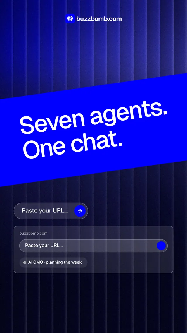 Instagram story for BuzzBomb: "Seven agents. One chat." Agentic glass style, diagonal layout, dark palette in black, blue.