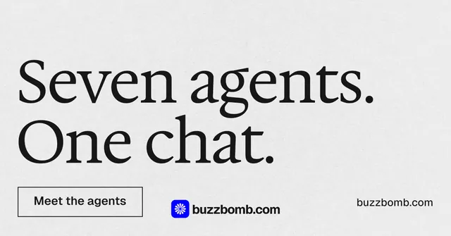 Social ad for BuzzBomb: "Seven agents. One chat." Editorial style, poster layout, light palette in white, grey.