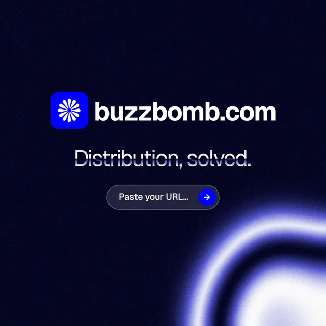 Instagram post for BuzzBomb: "Distribution, solved." Agentic glass style, logo hero layout, dark palette in black, blue.