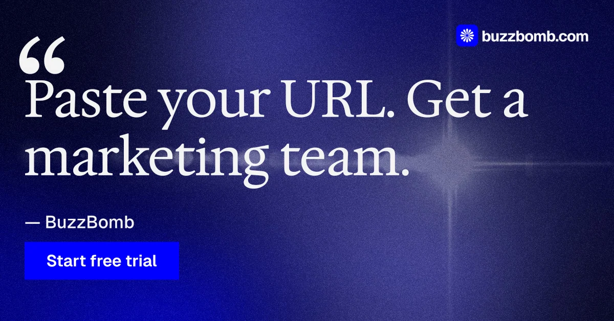 Social ad for BuzzBomb: "One launch. A week of posts." Swiss style, quote layout, dark palette in blue, grey.