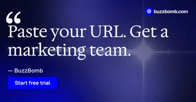 Social ad for BuzzBomb: "One launch. A week of posts." Swiss style, quote layout, dark palette in blue, grey.