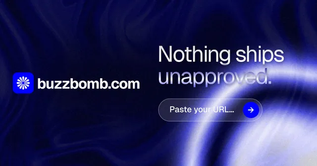 Social ad for BuzzBomb: "Nothing ships unapproved." Agentic glass style, logo hero layout, dark palette in blue, black.