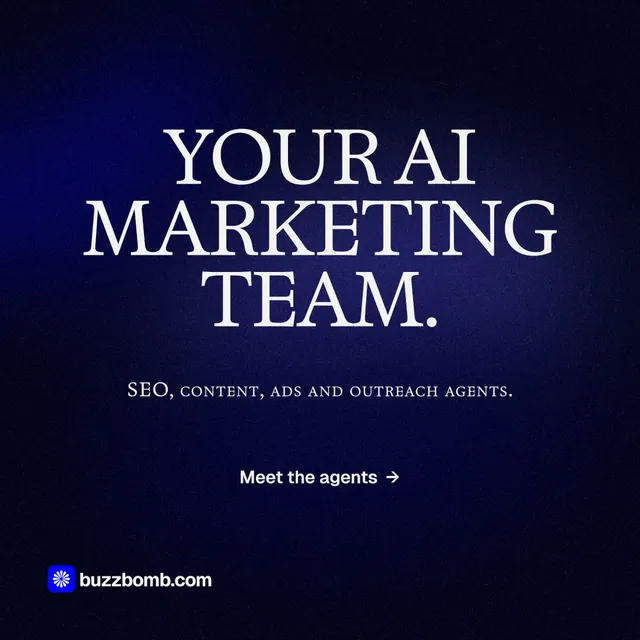 Instagram post for BuzzBomb: "Your AI marketing team." Swiss style, smallcaps layout, dark palette in black, blue.