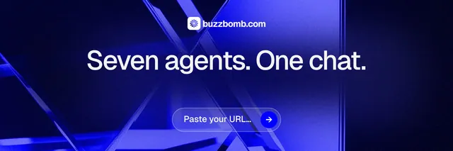 X header for BuzzBomb: "Seven agents. One chat." Agentic glass style, centred layout, dark palette in blue, black.