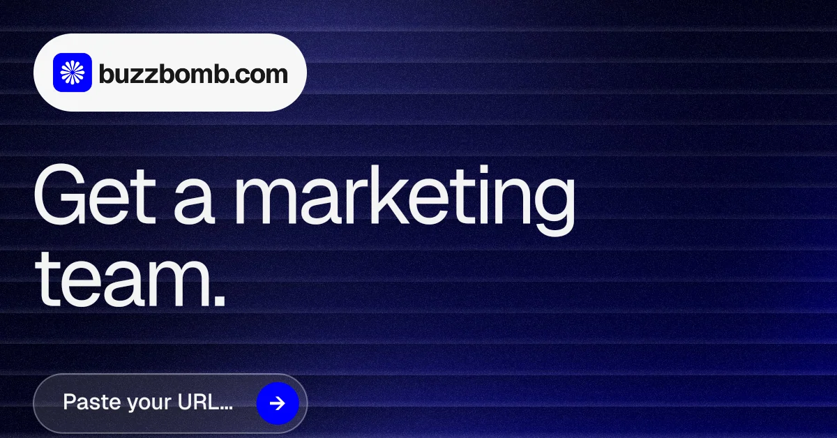 Social ad for BuzzBomb: "Get a marketing team." Agentic glass style, announce layout, dark palette in black, blue, grey.