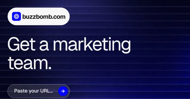 Social ad for BuzzBomb: "Get a marketing team." Agentic glass style, announce layout, dark palette in black, blue, grey.
