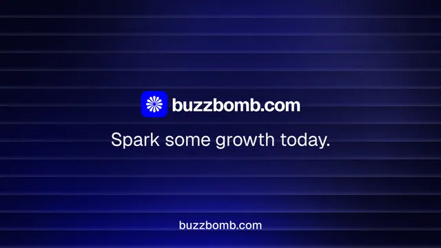 Landscape graphic for BuzzBomb: "Spark some growth today." Agentic glass style, end card layout, dark palette in black, blue.