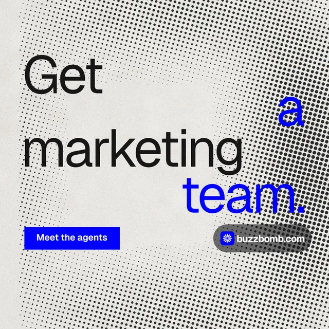 Instagram post for BuzzBomb: "Get a marketing team." Swiss style, stacked layout, light palette in grey, white.