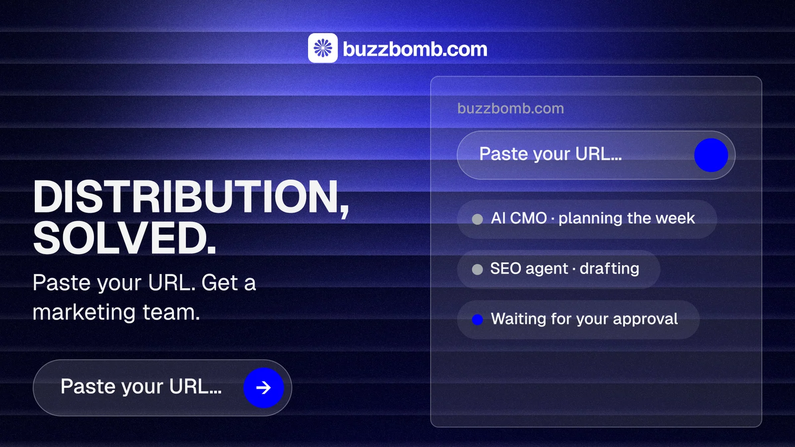 Landscape graphic for BuzzBomb: "Distribution, solved." Agentic glass style, bottom layout, dark palette in black, blue.