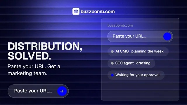 Landscape graphic for BuzzBomb: "Distribution, solved." Agentic glass style, bottom layout, dark palette in black, blue.