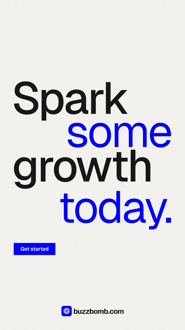 Instagram story for BuzzBomb: "Spark some growth today." Swiss style, stacked layout, light palette in white, blue.