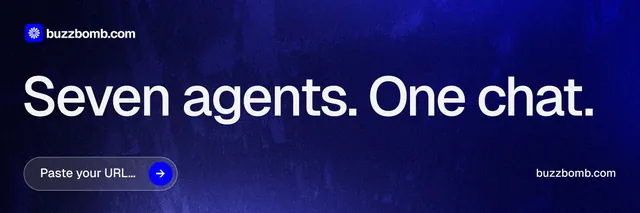 X header for BuzzBomb: "Seven agents. One chat." Agentic glass style, poster layout, dark palette in blue, black, grey.