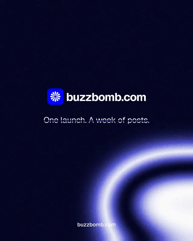 Instagram portrait post for BuzzBomb: "One launch. A week of posts." Agentic glass style, end card layout, dark palette in black, blue.