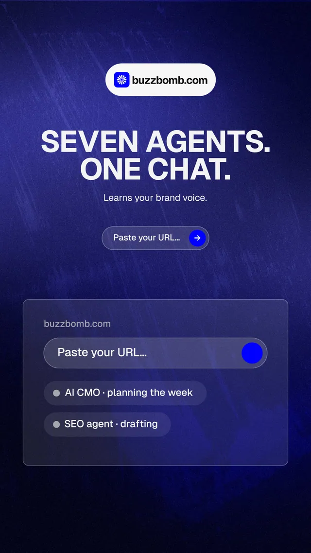 Instagram story for BuzzBomb: "Seven agents. One chat." Agentic glass style, centred layout, dark palette in blue, black.