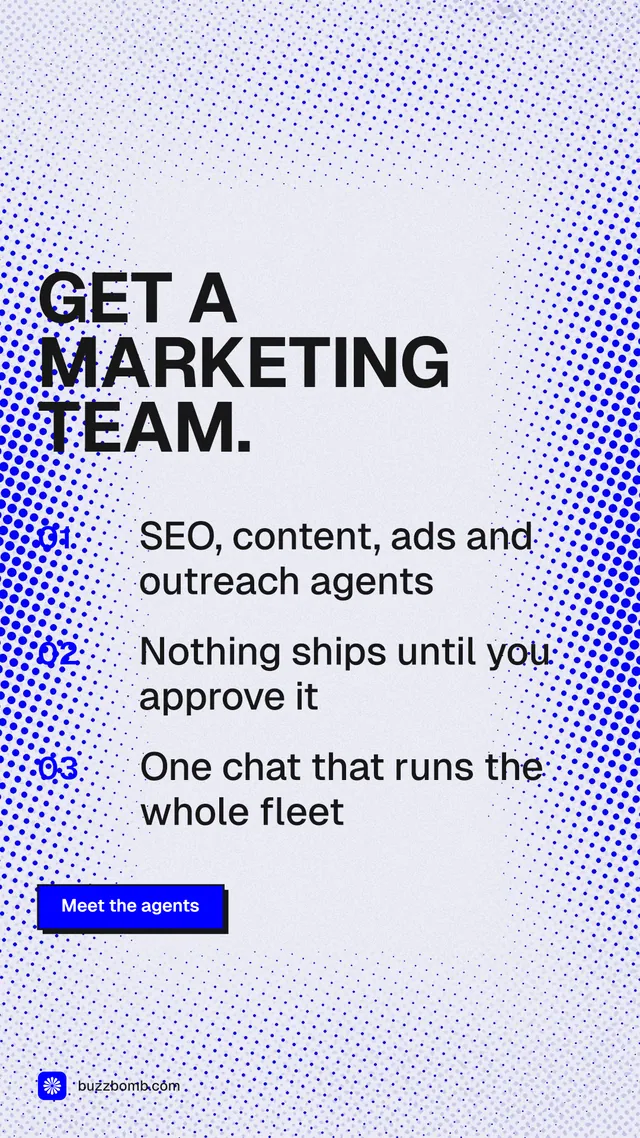 Instagram story for BuzzBomb: "Get a marketing team." Brutalist style, numbered layout, light palette in blue, white.