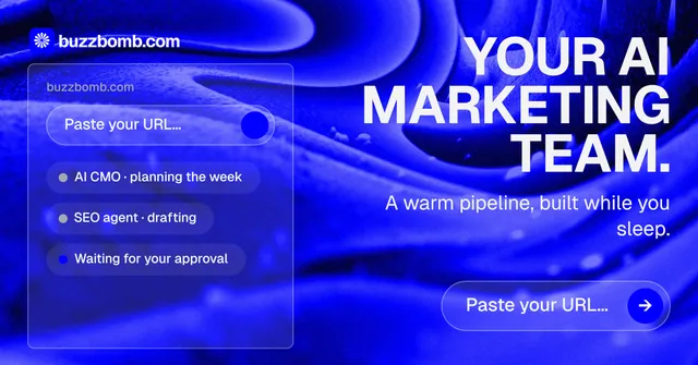 Social ad for BuzzBomb: "Your AI marketing team." Agentic glass style, right layout, dark palette in blue.