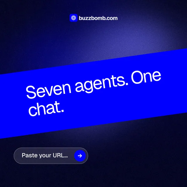 Instagram post for BuzzBomb: "Seven agents. One chat." Agentic glass style, diagonal layout, dark palette in black, blue.