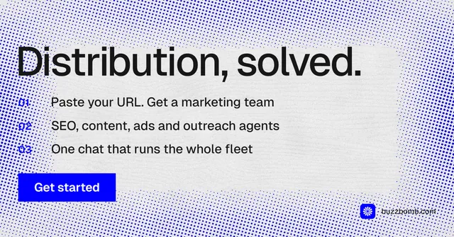 Social ad for BuzzBomb: "Distribution, solved." Swiss style, numbered layout, light palette in blue, white.