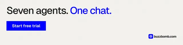 LinkedIn banner for BuzzBomb: "Seven agents. One chat." Swiss style, skeleton layout, light palette in white, blue.