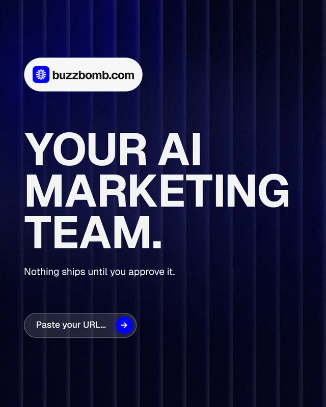 Instagram portrait post for BuzzBomb: "Your AI marketing team." Agentic glass style, announce layout, dark palette in black, blue, grey.