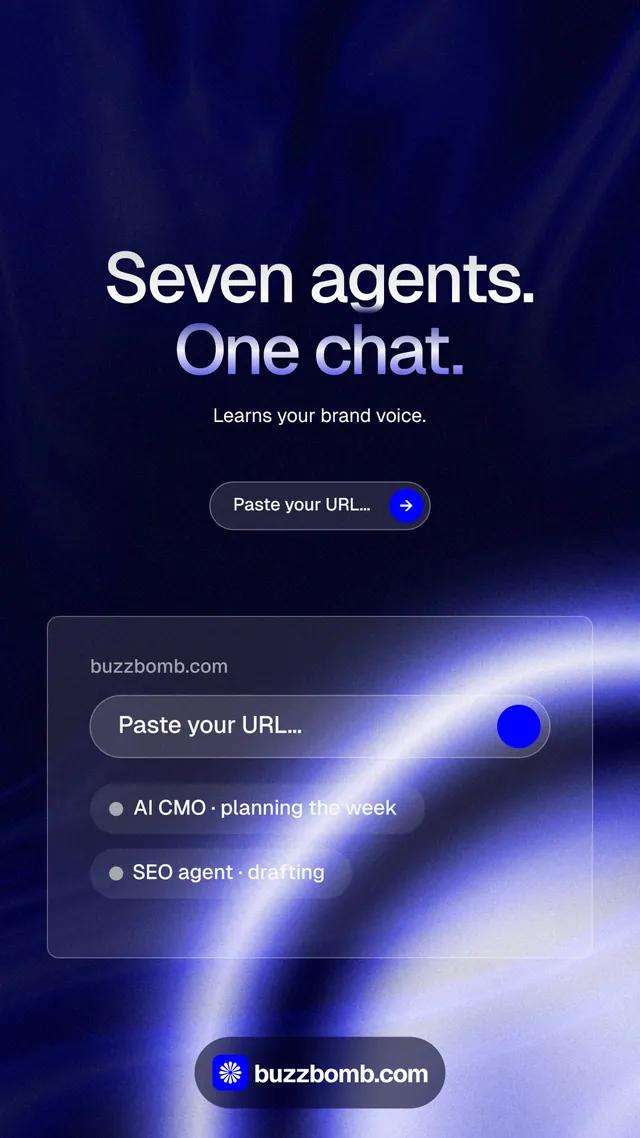 Instagram story for BuzzBomb: "Seven agents. One chat." Agentic glass style, centred layout, dark palette in black, blue.