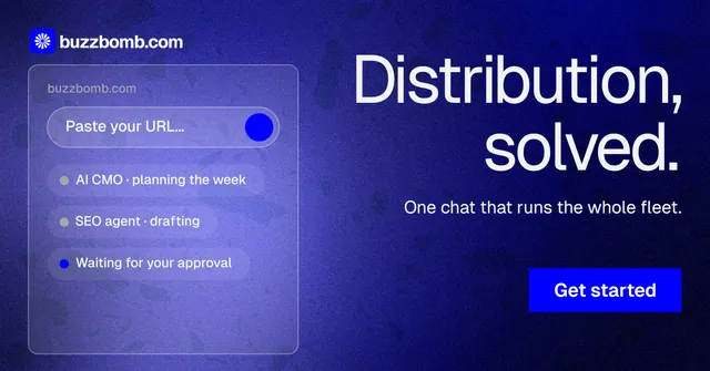 Social ad for BuzzBomb: "Distribution, solved." Swiss style, right layout, dark palette in blue.