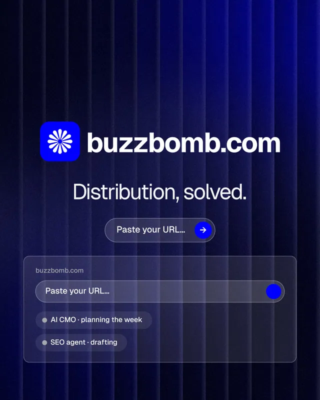 Instagram portrait post for BuzzBomb: "Distribution, solved." Agentic glass style, logo hero layout, dark palette in black, blue, grey.