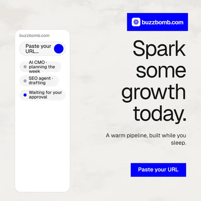 Instagram post for BuzzBomb: "Spark some growth today." Swiss style, right layout, light palette in white, blue.