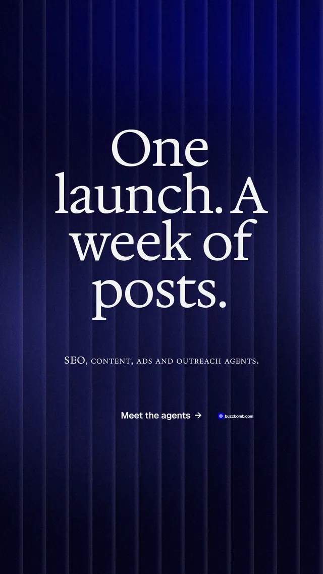 Instagram story for BuzzBomb: "One launch. A week of posts." Agentic glass style, smallcaps layout, dark palette in black, blue, grey.