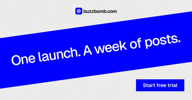 Social ad for BuzzBomb: "One launch. A week of posts." Swiss style, diagonal layout, light palette in blue, white.