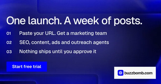Social ad for BuzzBomb: "One launch. A week of posts." Swiss style, numbered layout, dark palette in blue.