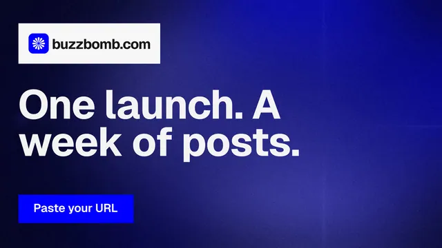 Landscape graphic for BuzzBomb: "One launch. A week of posts." Swiss style, announce layout, dark palette in blue, grey.