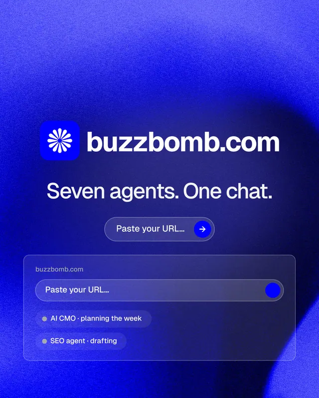 Instagram portrait post for BuzzBomb: "Seven agents. One chat." Agentic glass style, logo hero layout, dark palette in blue.