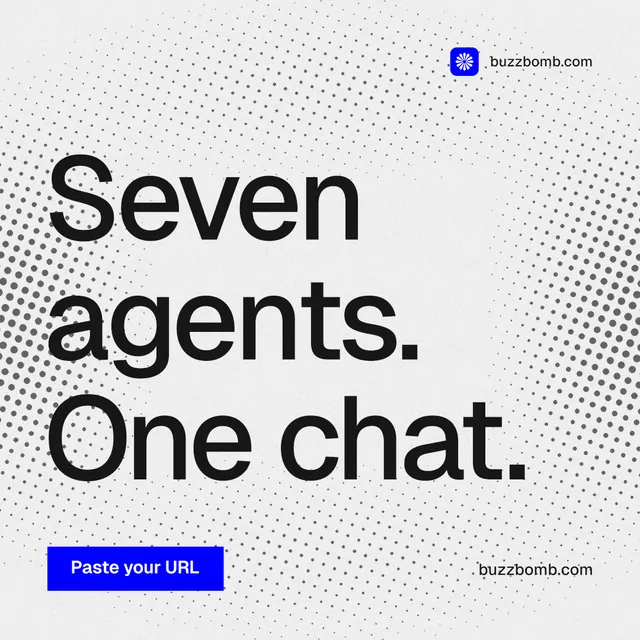 Instagram post for BuzzBomb: "Seven agents. One chat." Split block style, poster layout, light palette in white, grey.