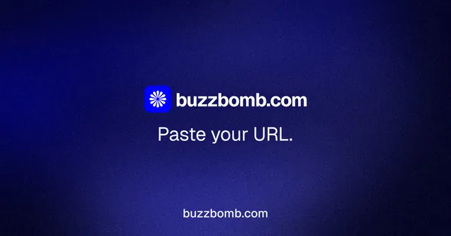Social ad for BuzzBomb: "Paste your URL." Minimal luxury style, end card layout, dark palette in black, blue.