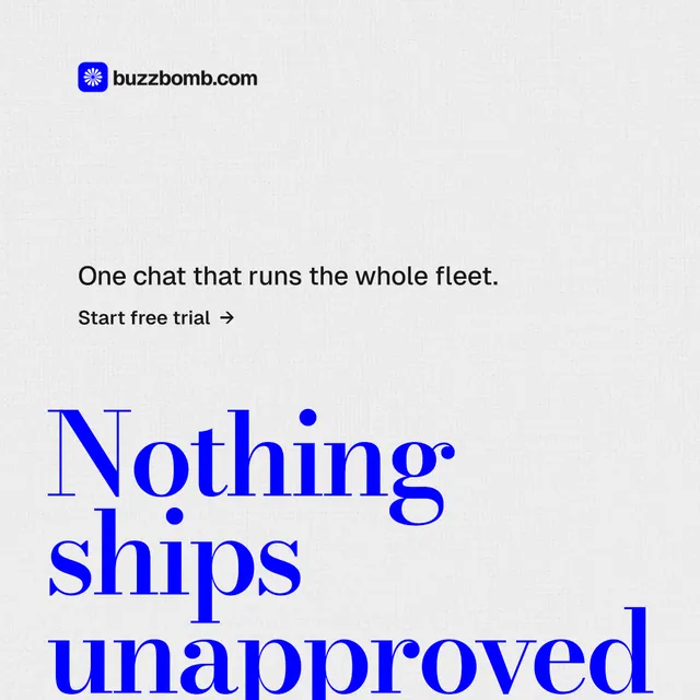 Instagram post for BuzzBomb: "Your AI marketing team." Minimal luxury style, oversized layout, light palette in white, blue.