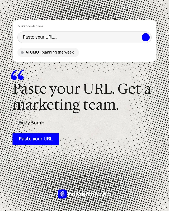 Instagram portrait post for BuzzBomb: "Seven agents. One chat." Swiss style, quote layout, light palette in grey, white.